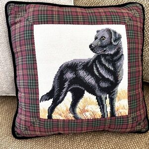 Vintage Black Labrador Needlepoint Accent Pillow